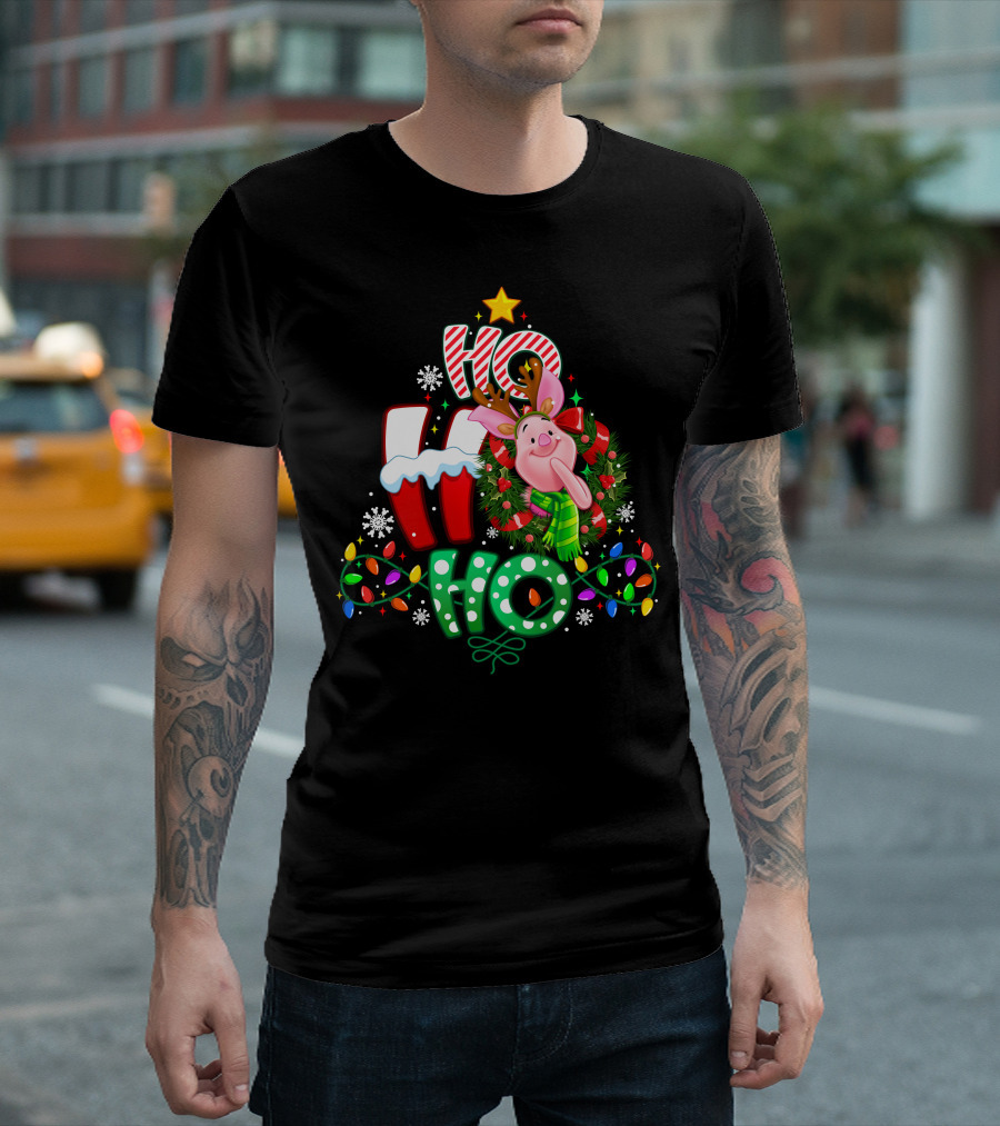 Ho Ho Ho Christmas Piglet Reindeer Lights Snowflakes T-Shirt