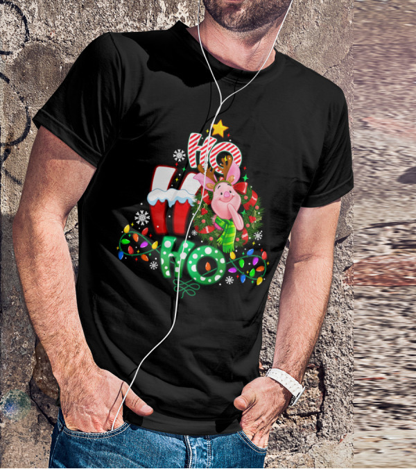 Ho Ho Ho Christmas Piglet Reindeer Lights Snowflakes T-Shirt