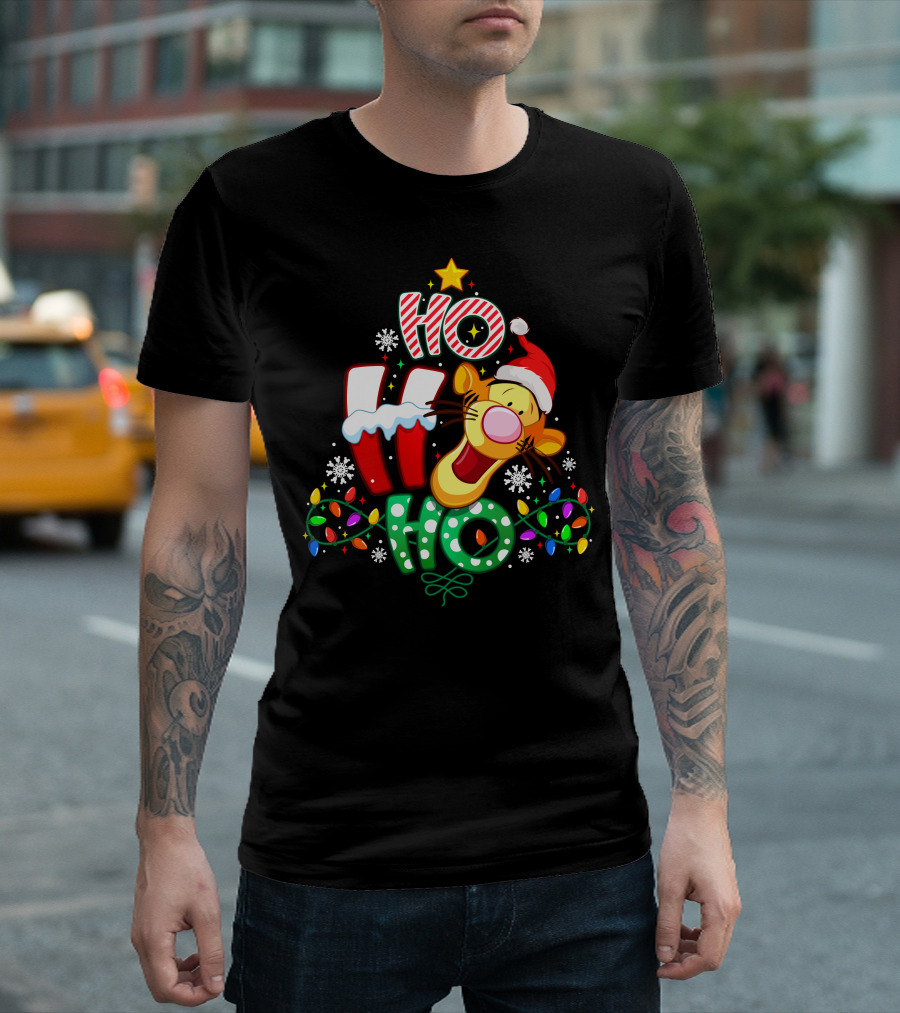 Tigger Christmas Ho Ho Ho With Lights And Santa Hat T-Shirt