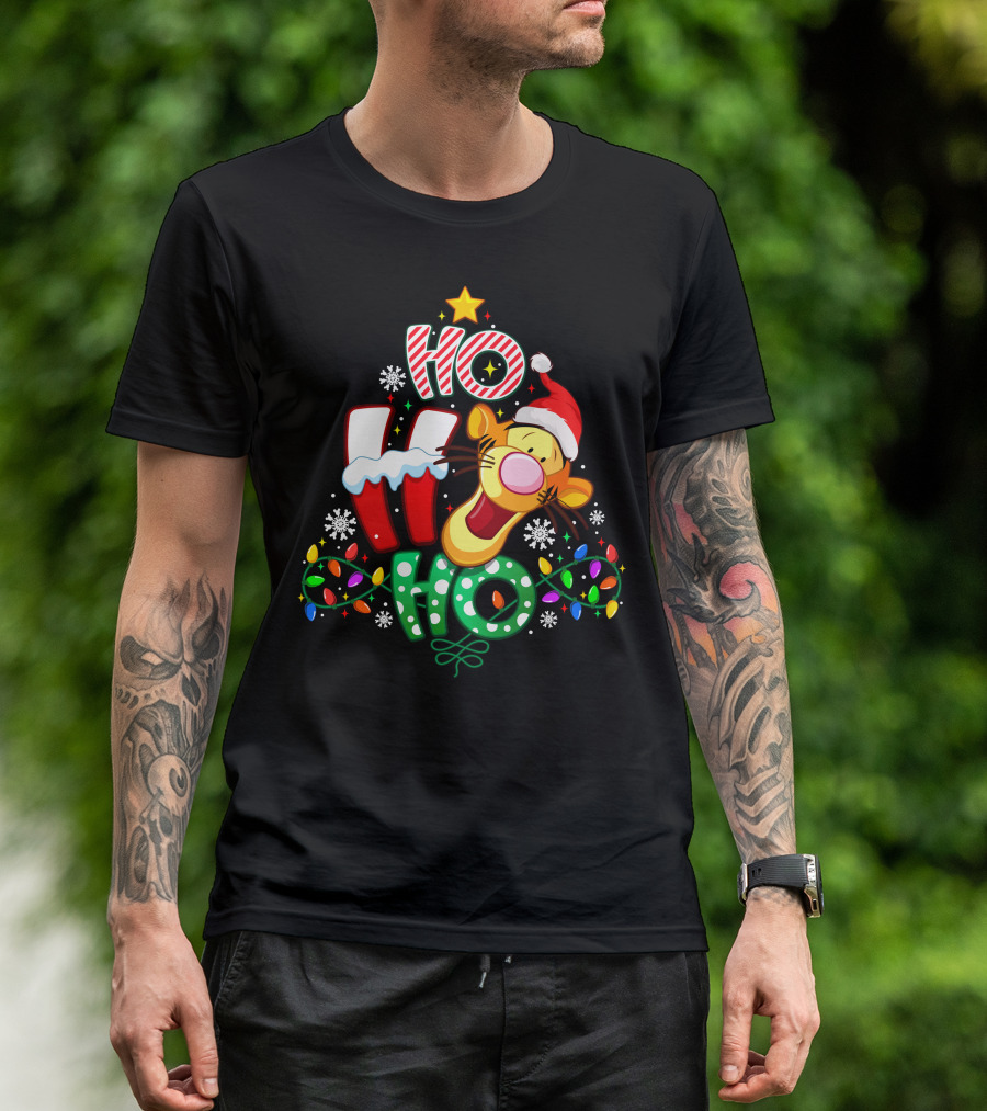 Tigger Christmas Ho Ho Ho With Lights And Santa Hat T-Shirt