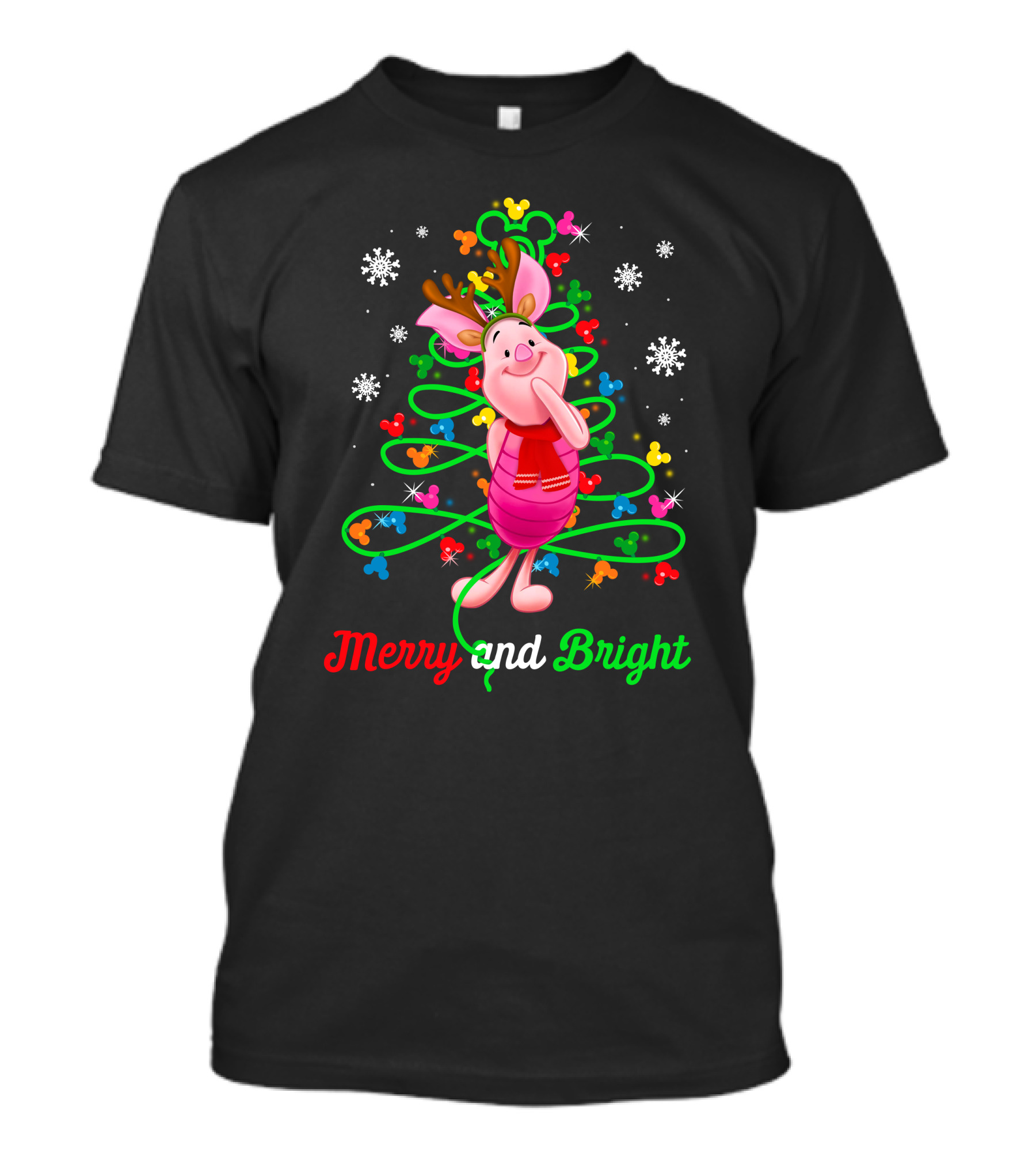 Merry And Bright Piglet Reindeer Christmas Tree Snowflakes T-Shirt