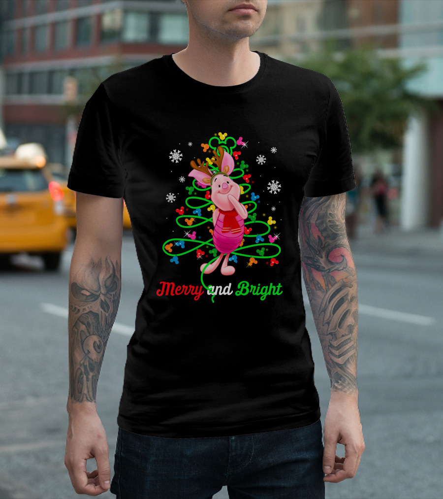Merry And Bright Piglet Reindeer Christmas Tree Snowflakes T-Shirt
