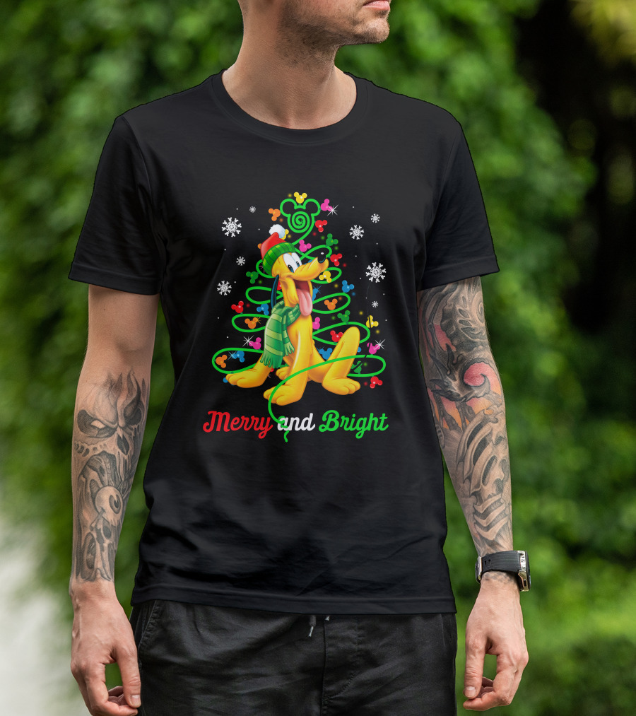 Pluto Merry And Bright Holiday Lights Mickey Snowflakes T-Shirt