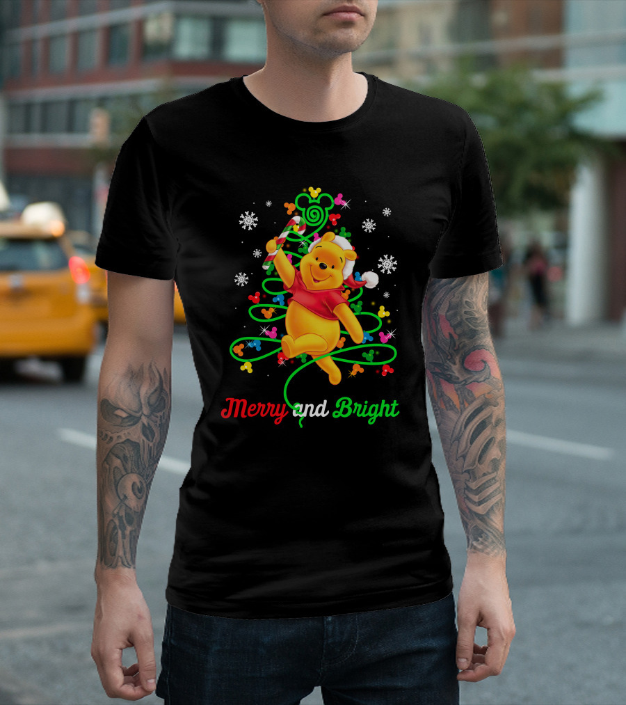 Merry And Bright Pooh Christmas Tree With Candy Cane And Mickey Mouse Ears T-Shirt