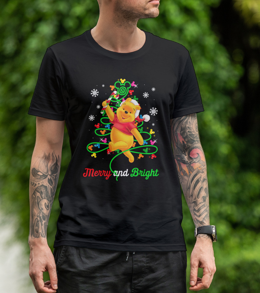 Merry And Bright Pooh Christmas Tree With Candy Cane And Mickey Mouse Ears T-Shirt