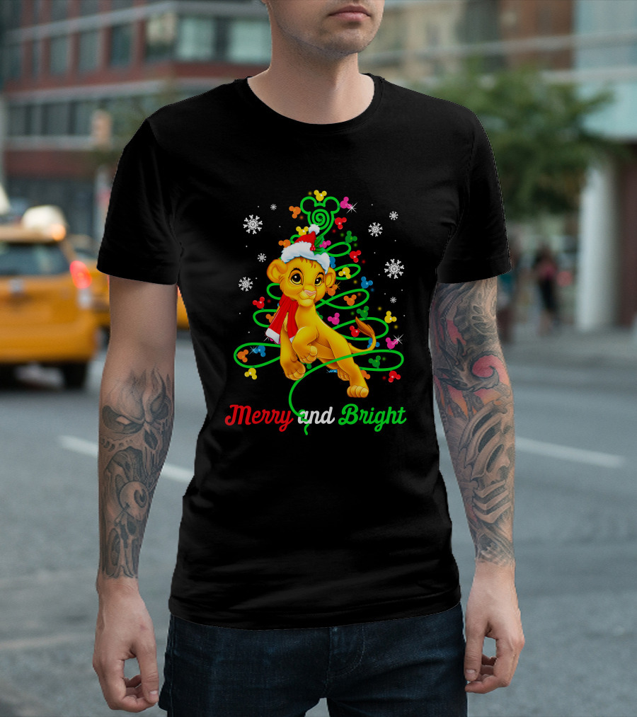 Merry And Bright Simba Christmas Snowflakes Santa Hat T-Shirt