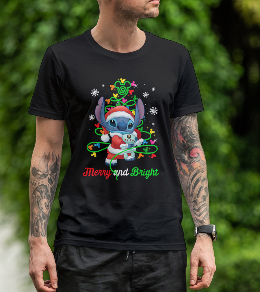 Merry And Bright Stitch Christmas Mickey Tree T-Shirt