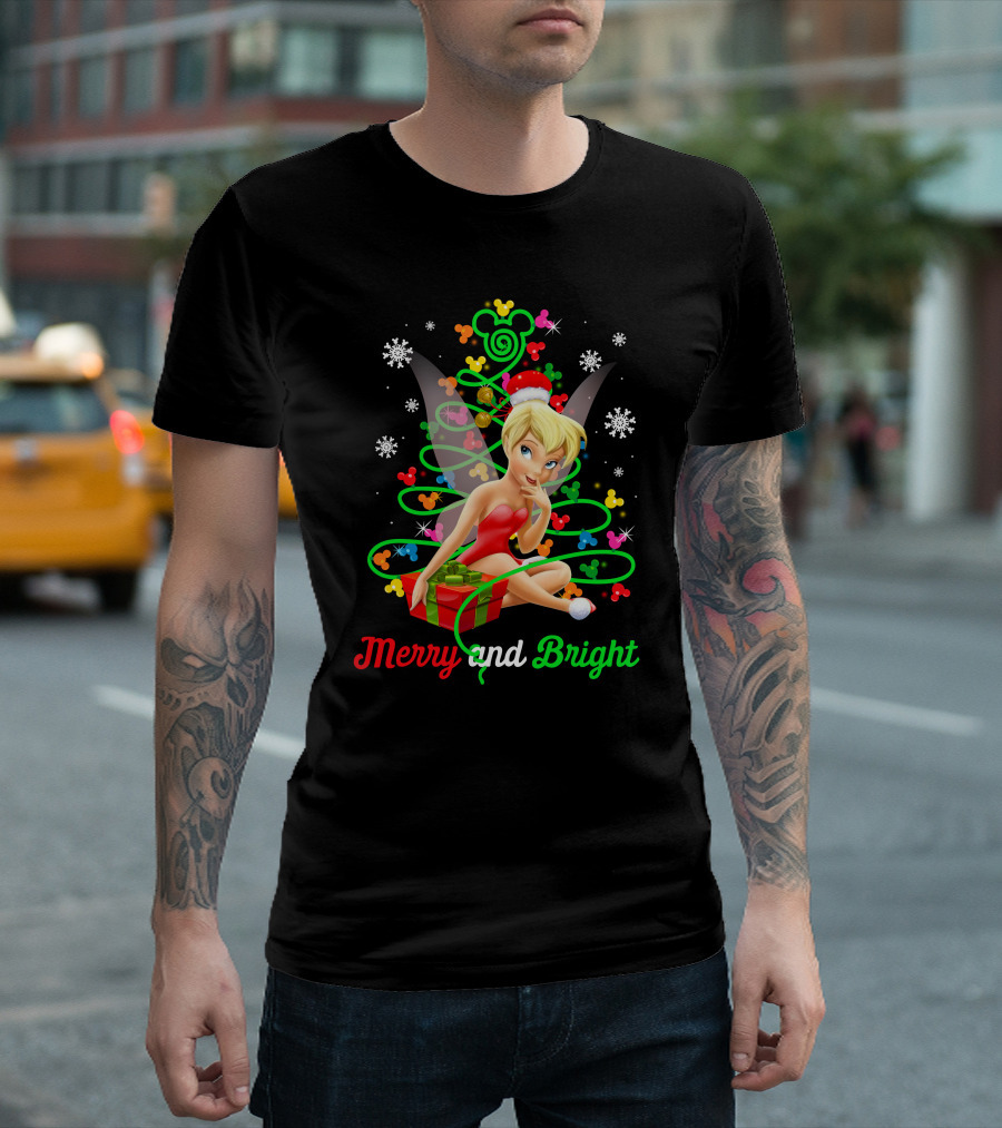 Merry And Bright Christmas Tinkerbell With Holiday Gift And Snowflakes T-Shirt
