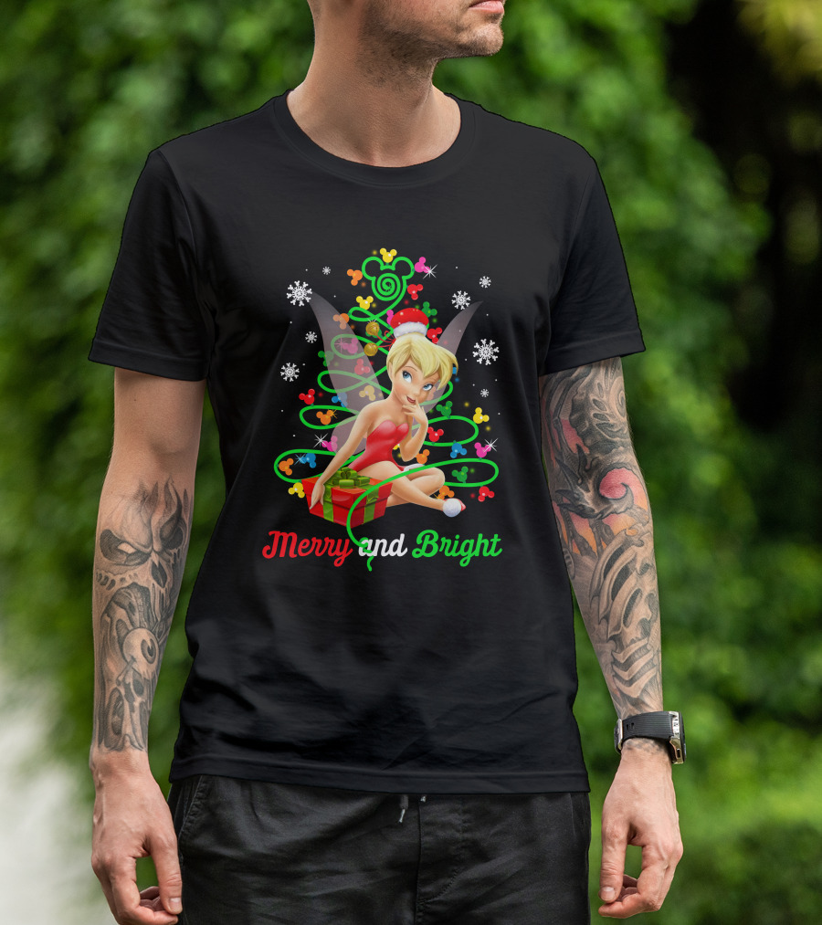 Merry And Bright Christmas Tinkerbell With Holiday Gift And Snowflakes T-Shirt