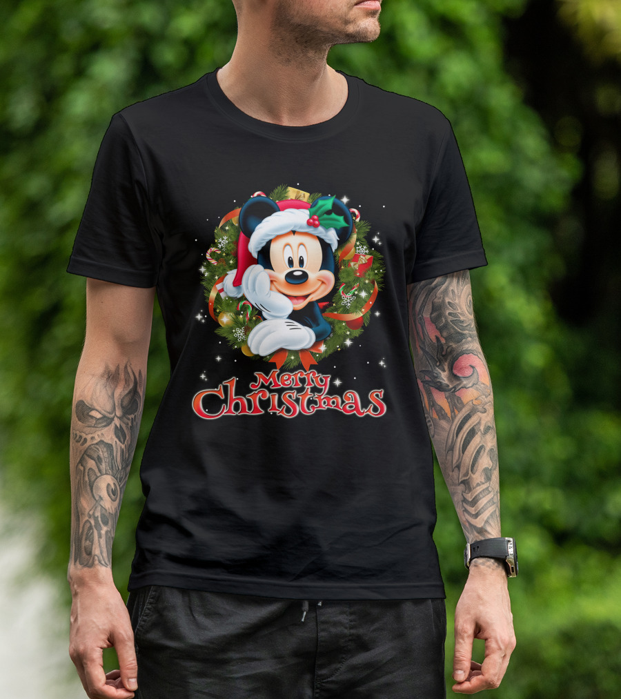 Mickey Merry Christmas Santa Hat With Holly Wreath T-Shirt