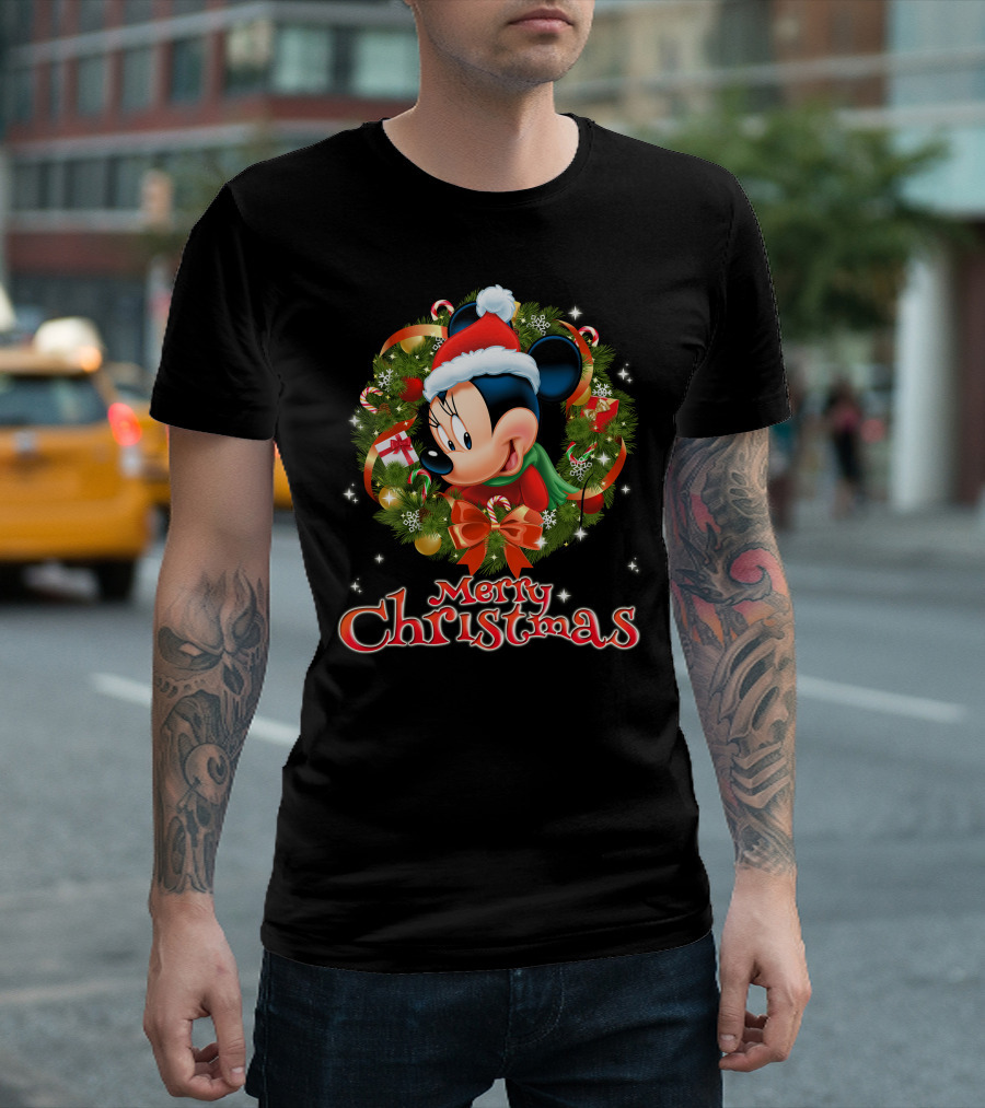 Minnie Mouse Merry Christmas Wreath Santa Hat Holiday Decor T-Shirt