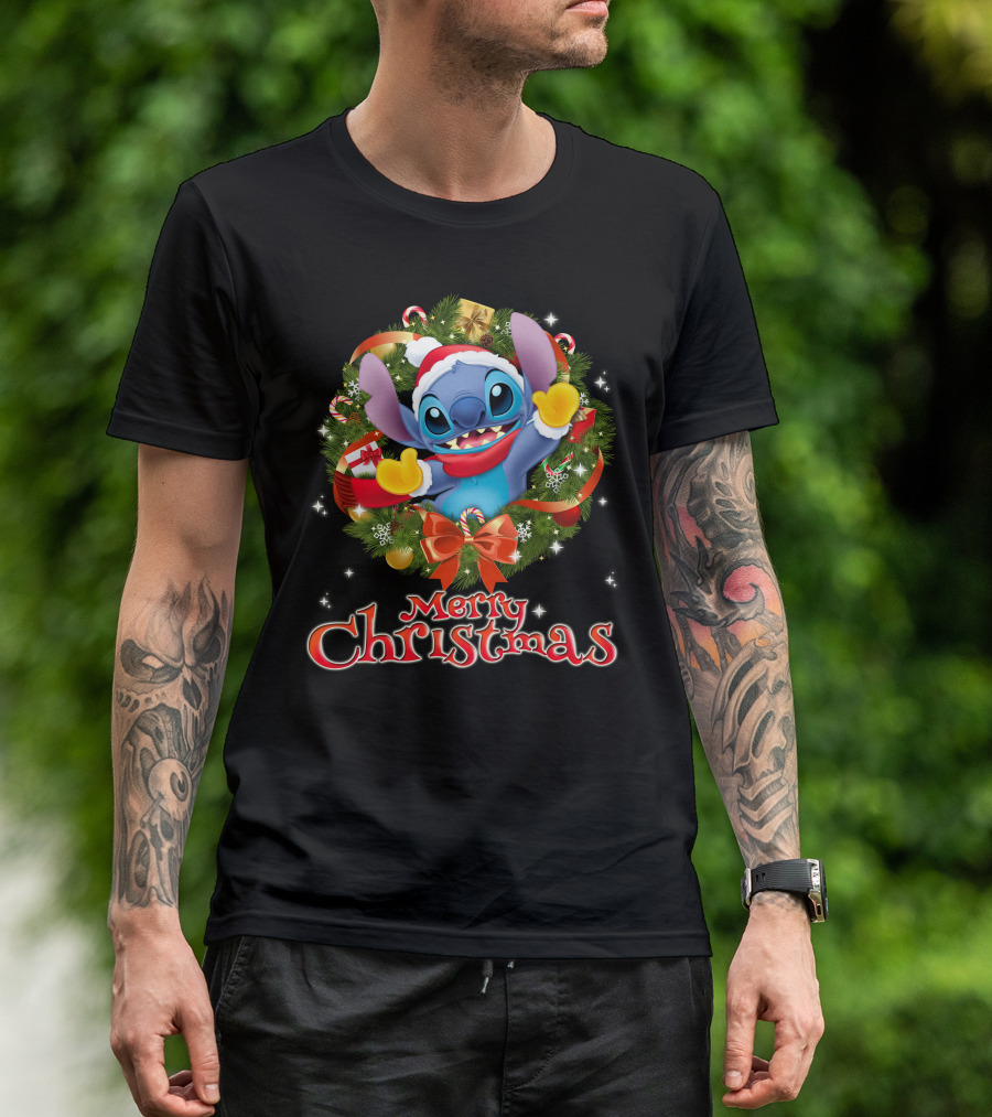 Merry Christmas Stitch Holiday Wreath Santa Hat Candy Cane T-Shirt