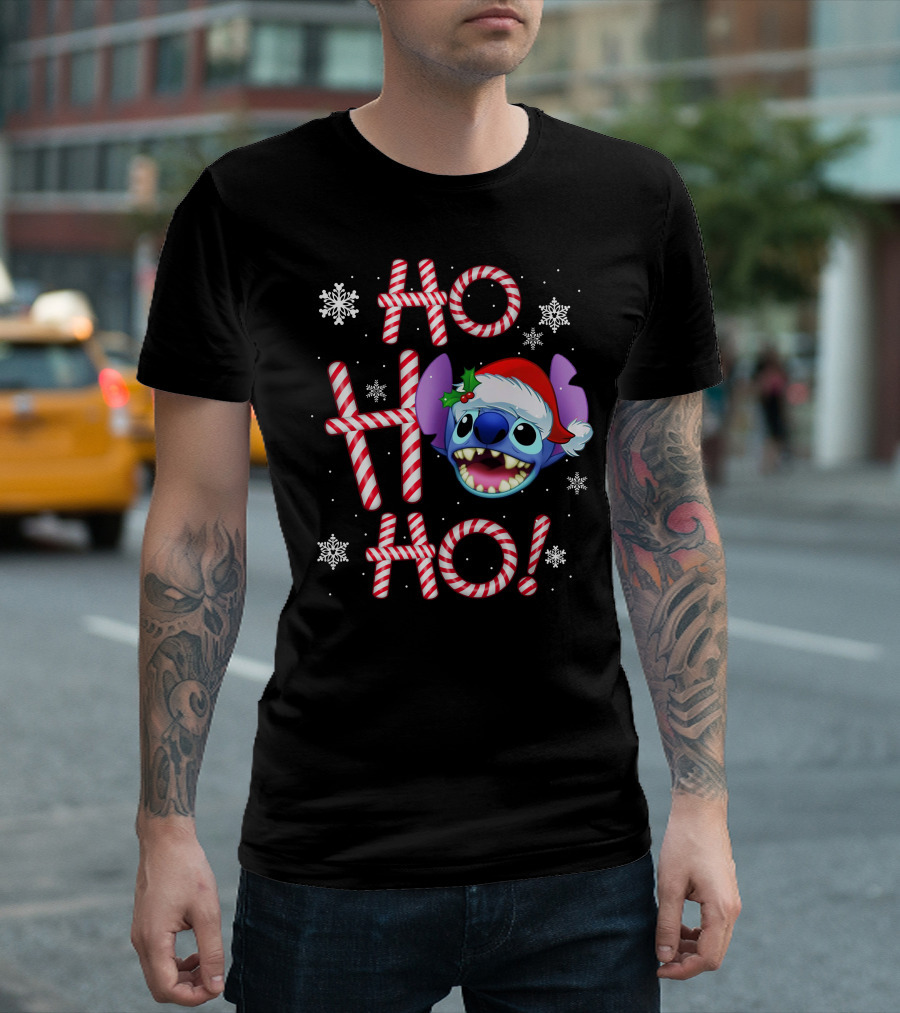 Ho Ho Ho Stitch Santa Hat Snowflakes Candy Cane T-Shirt