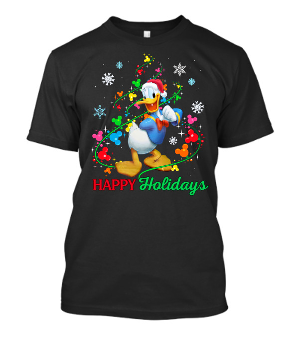 Happy Holidays Donald Duck Santa Hat Snowflake Icons And Mickey Heads T-Shirt