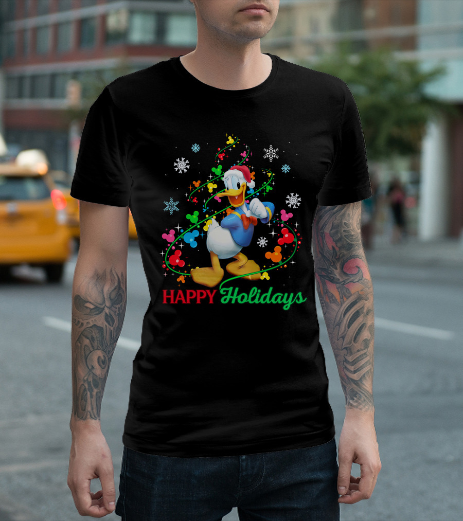Happy Holidays Donald Duck Santa Hat Snowflake Icons And Mickey Heads T-Shirt