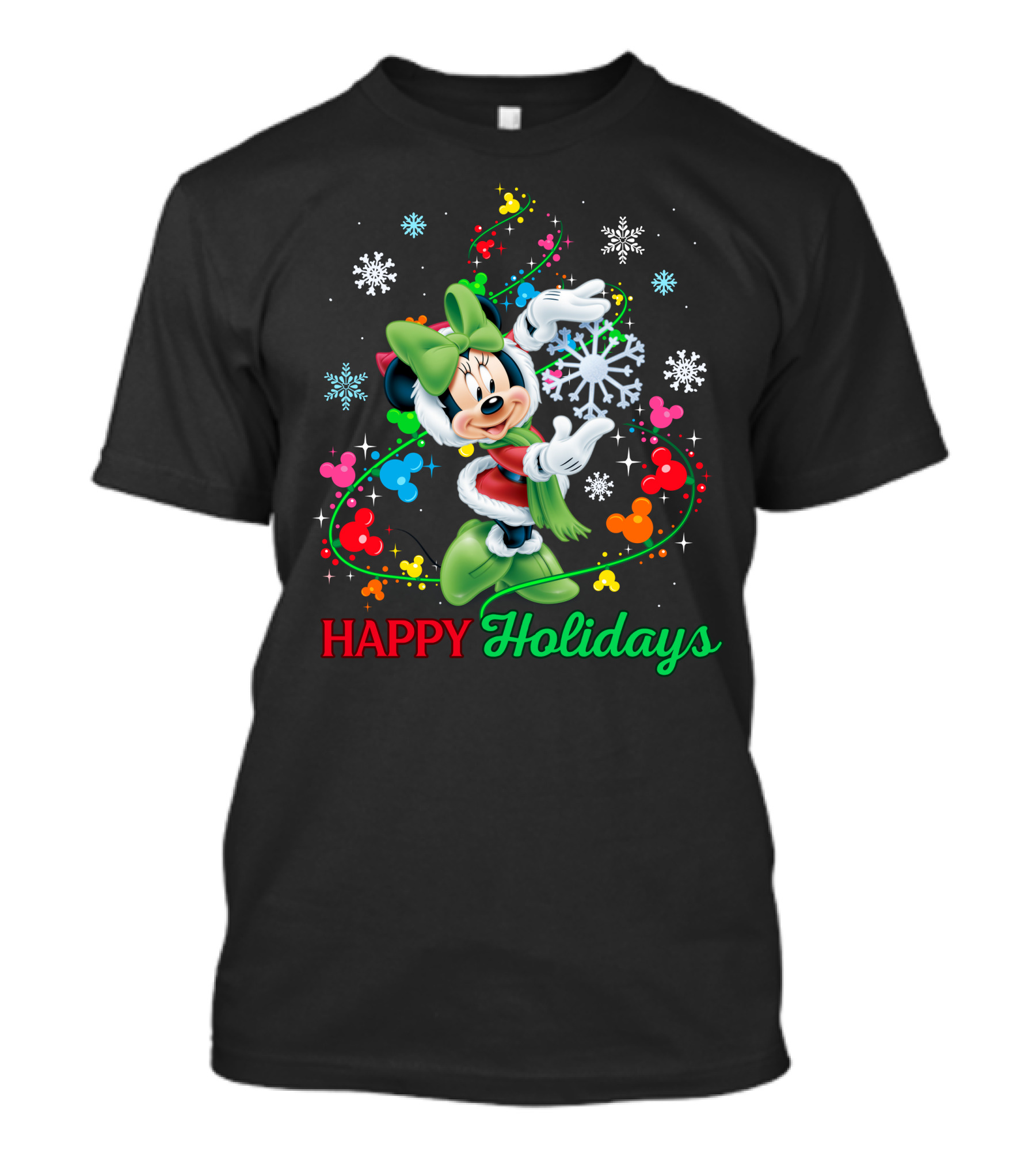 Happy Holidays Minnie Snowflakes And Colorful Mickey Icons T-Shirt