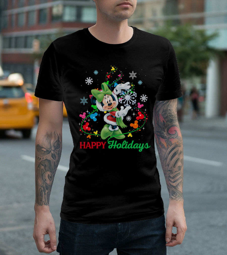 Happy Holidays Minnie Snowflakes And Colorful Mickey Icons T-Shirt