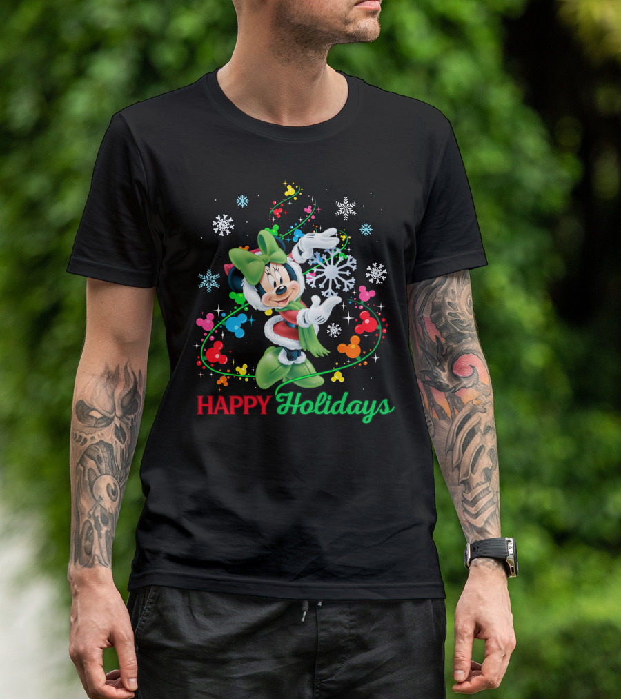 Happy Holidays Minnie Snowflakes And Colorful Mickey Icons T-Shirt