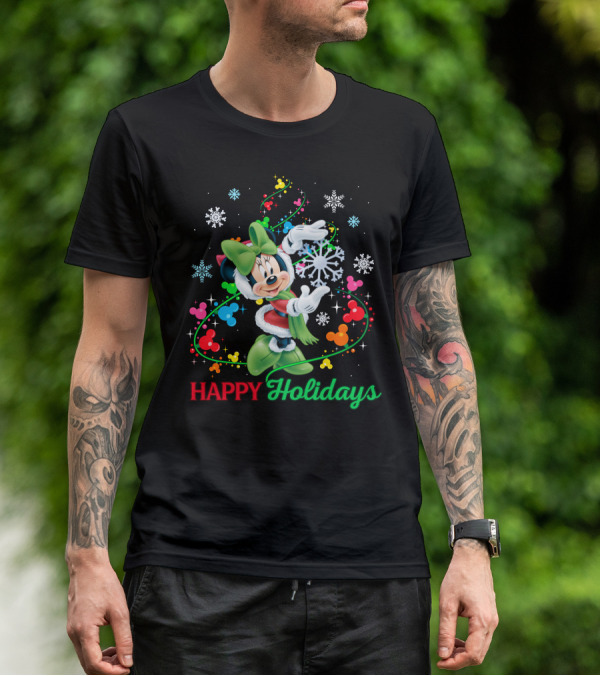 Happy Holidays Minnie Snowflakes And Colorful Mickey Icons T-Shirt