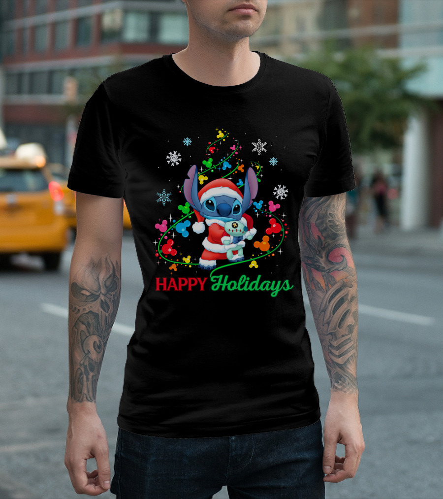 Happy Holidays Stitch Santa With Snowflakes And Mickey Mouse Ears T-Shirt