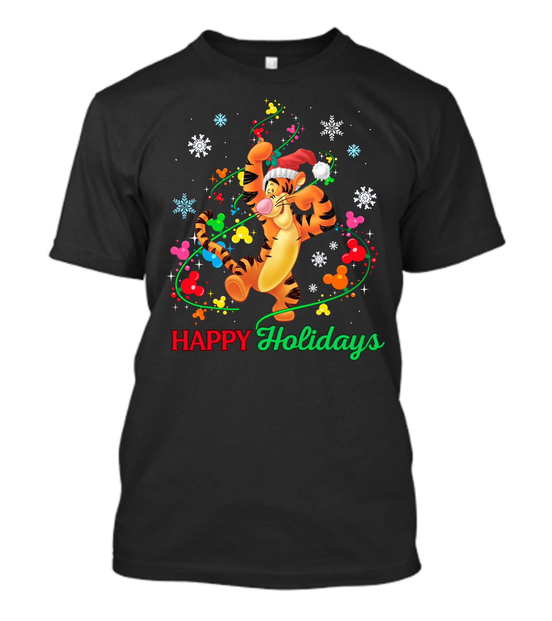 Tigger Happy Holidays Santa Hat Colorful Ornaments Mickey Mouse Ears Snowflakes T-Shirt
