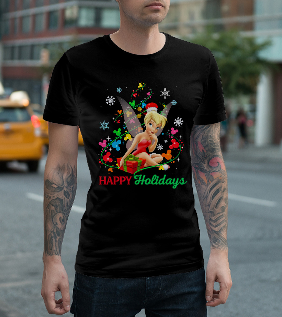 Happy Holidays Tinkerbell Santa Hat And Present T-Shirt