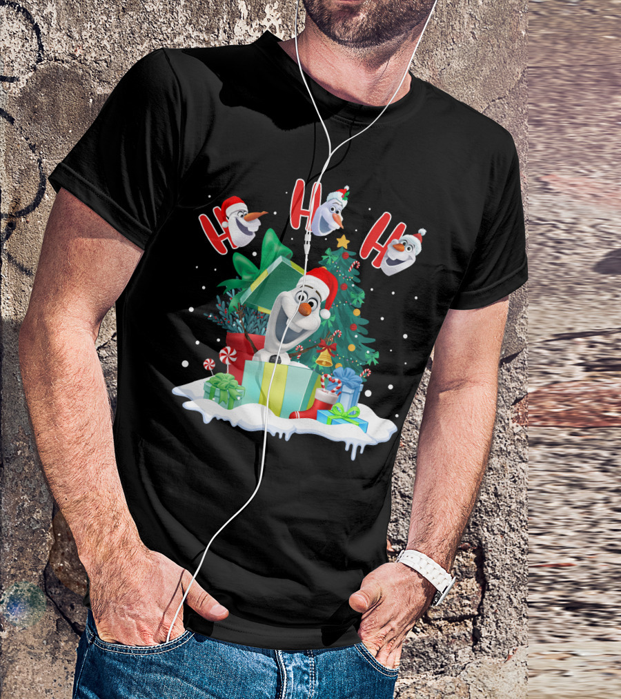Olaf Christmas Santa Hat Presents Snowman Festive Holiday Tree Ho Ho Ho T-Shirt