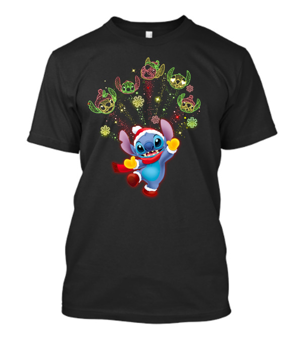 Stitch Holiday Festive Celebration With Santa Hat And Colorful Lights T-Shirt