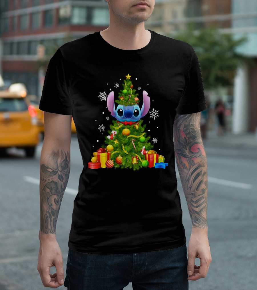 Stitch Christmas Tree With Gifts And Snowflakes T-Shirt