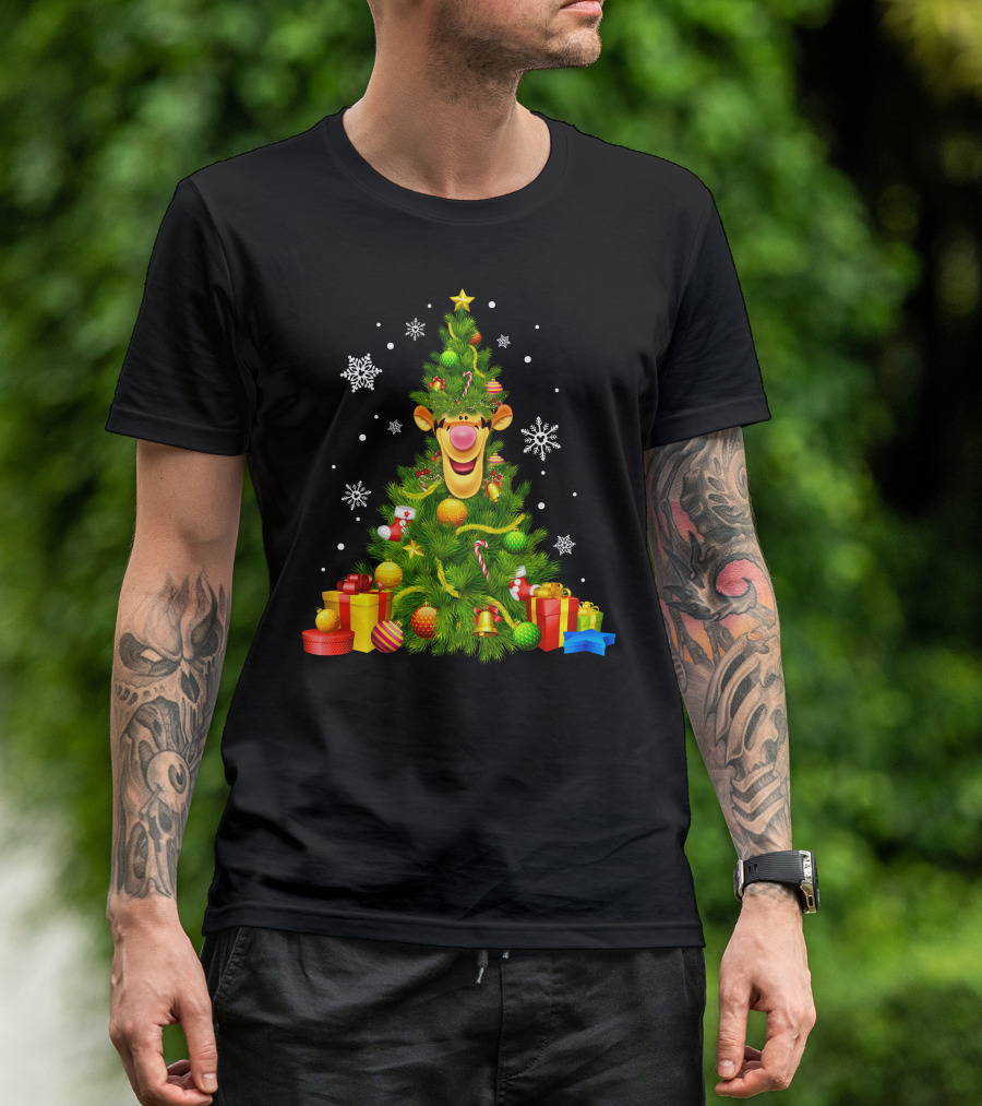 Tigger Christmas Tree With Snowflakes And Gifts T-Shirt