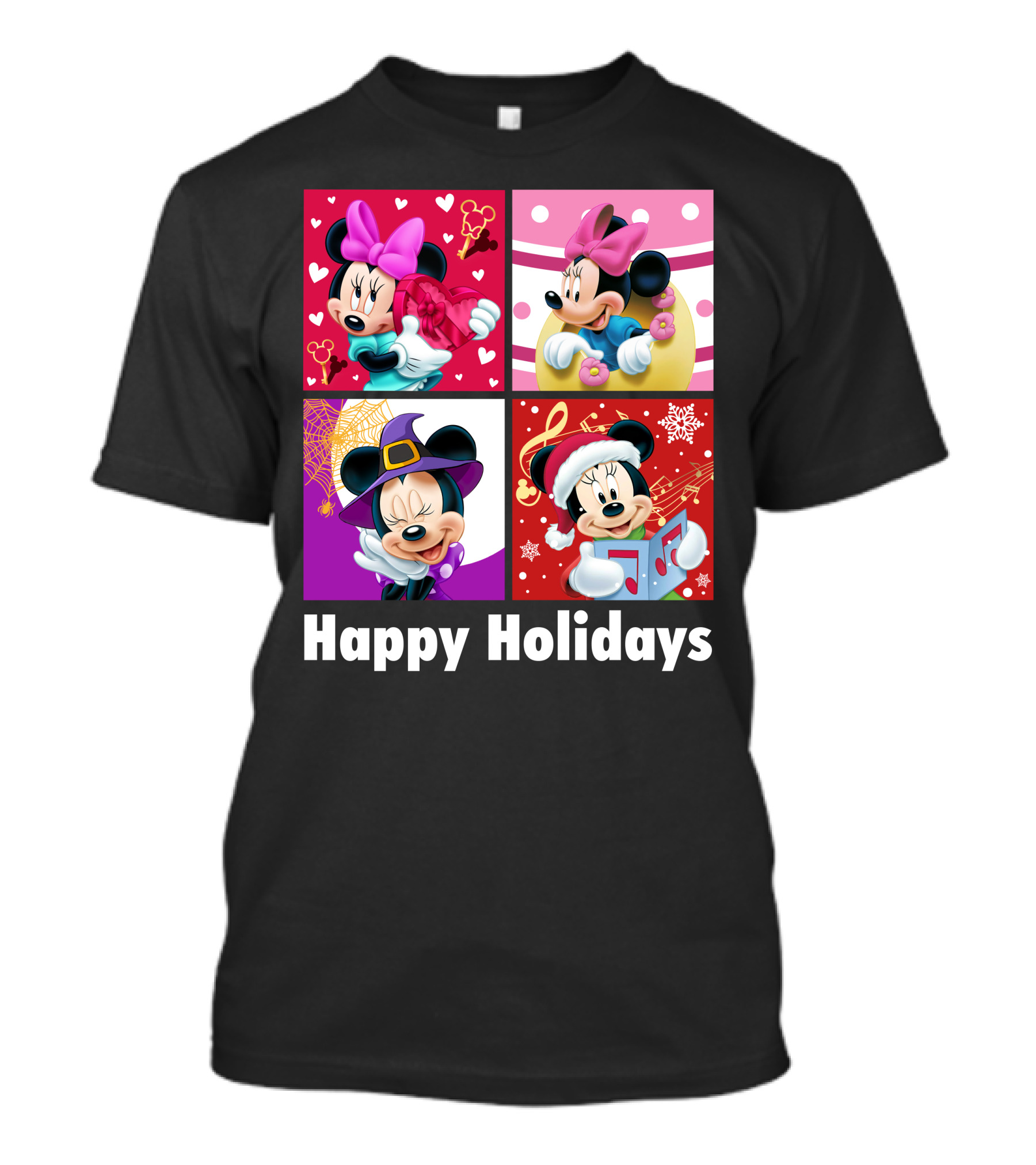 Minnie Happy Holidays With Hearts Bows Witch Hat Santa Hat And Gifts T-Shirt