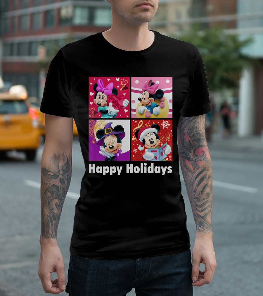 Minnie Happy Holidays With Hearts Bows Witch Hat Santa Hat And Gifts T-Shirt