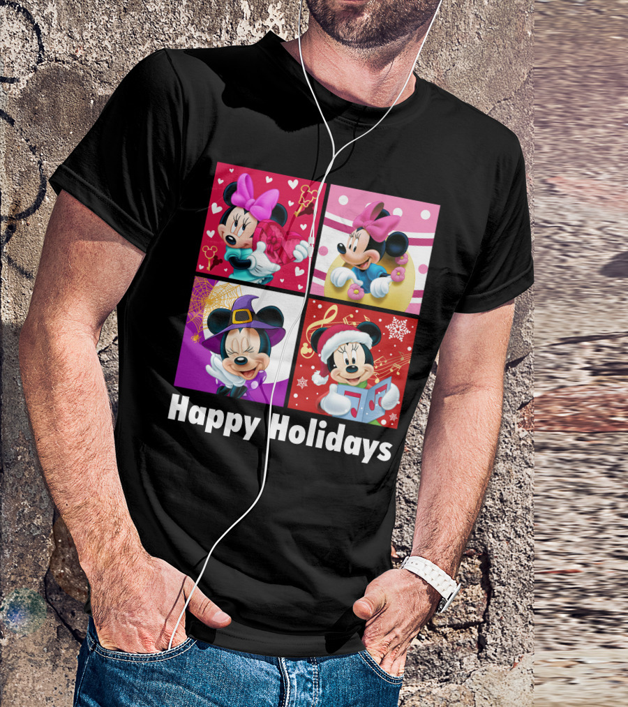 Minnie Happy Holidays With Hearts Bows Witch Hat Santa Hat And Gifts T-Shirt