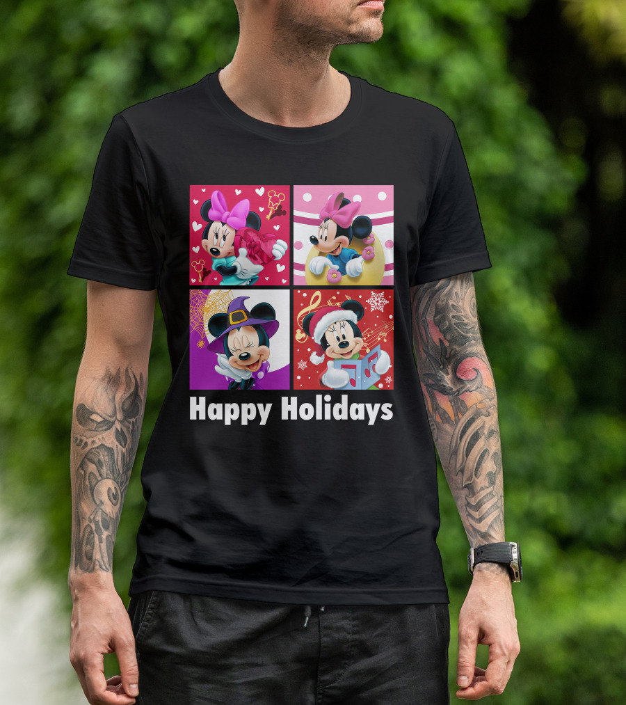 Minnie Happy Holidays With Hearts Bows Witch Hat Santa Hat And Gifts T-Shirt