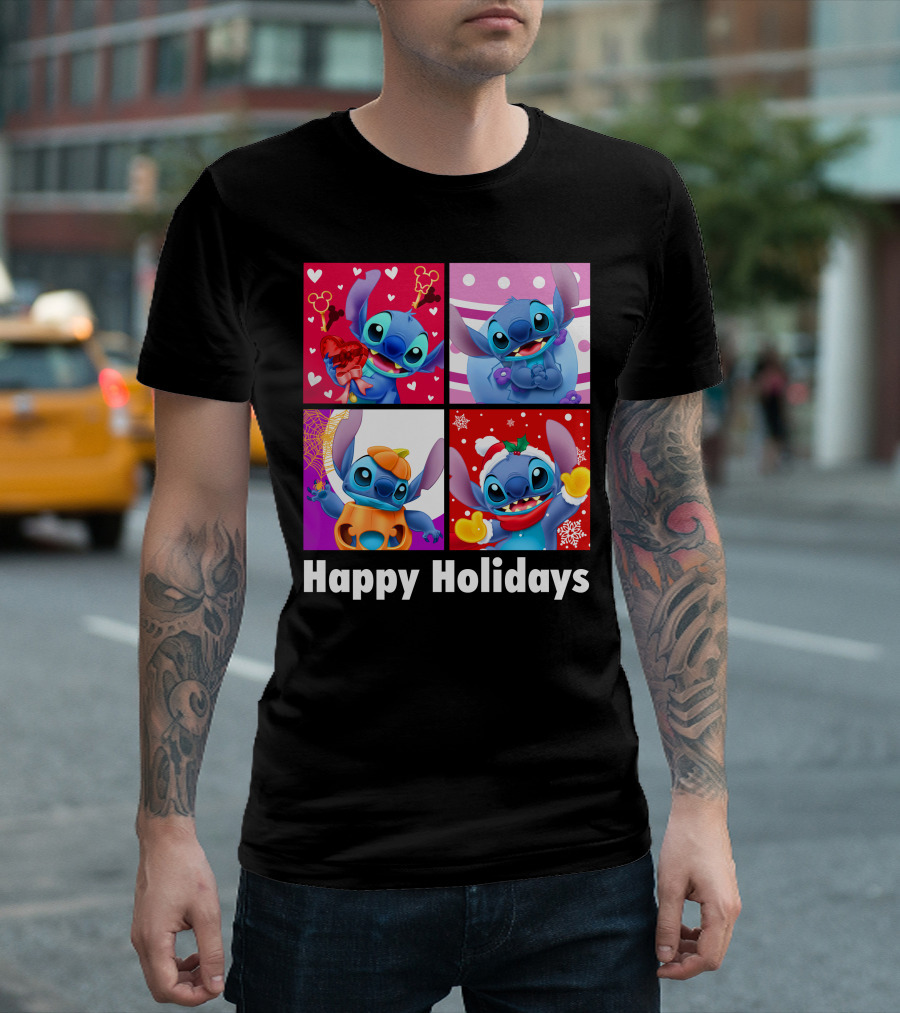 Happy Holidays Stitch Seasonal Mickey Hearts Christmas Pumpkin T-Shirt