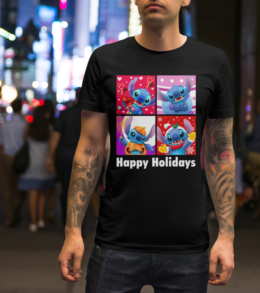 Happy Holidays Stitch Seasonal Mickey Hearts Christmas Pumpkin T-Shirt