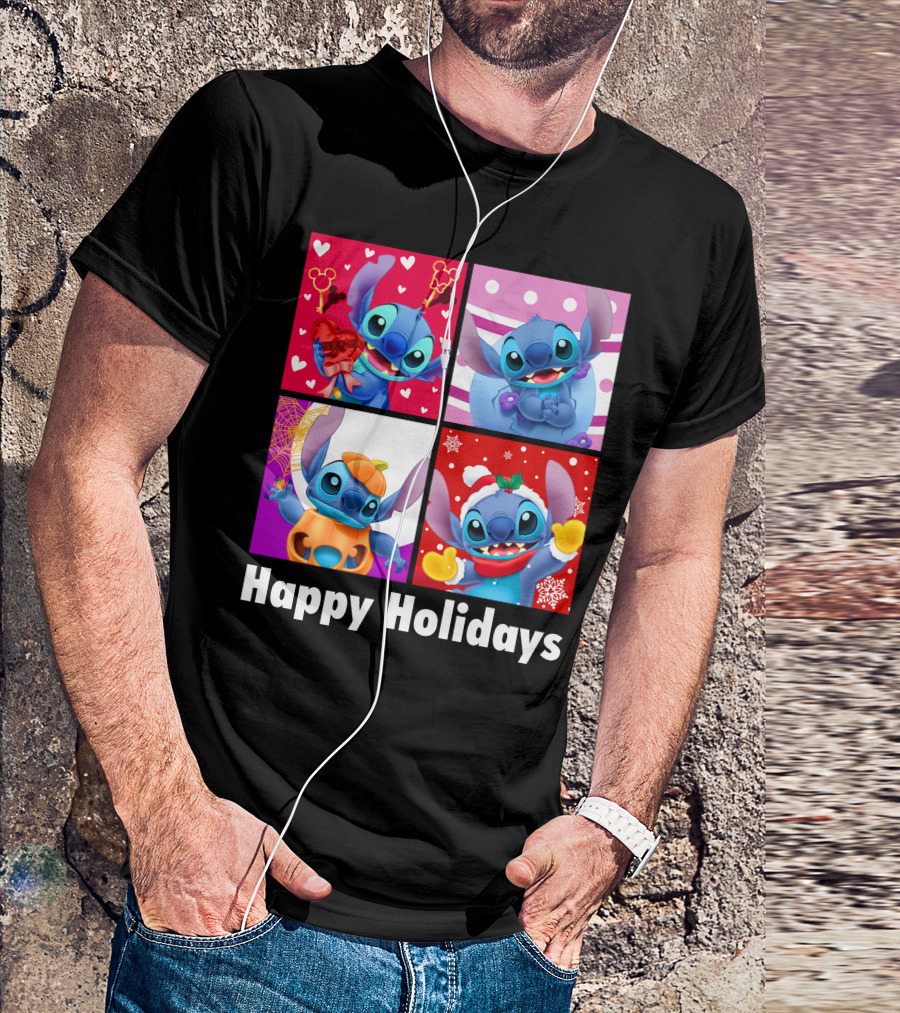 Happy Holidays Stitch Seasonal Mickey Hearts Christmas Pumpkin T-Shirt