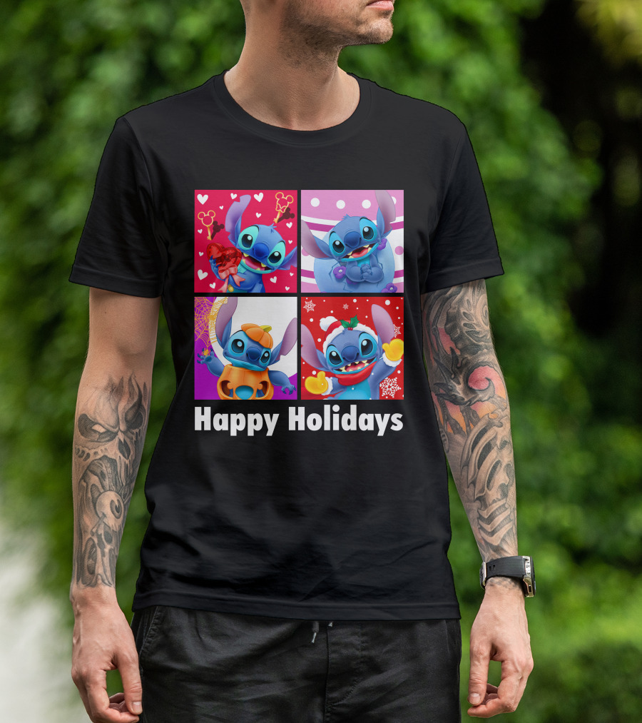 Happy Holidays Stitch Seasonal Mickey Hearts Christmas Pumpkin T-Shirt