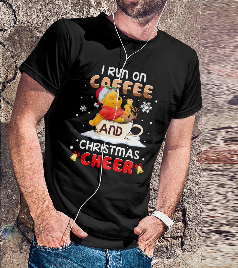 I Run On Coffee And Christmas Cheer Snowflakes Bells Santa Hat Cup Cartoon Bear T-Shirt