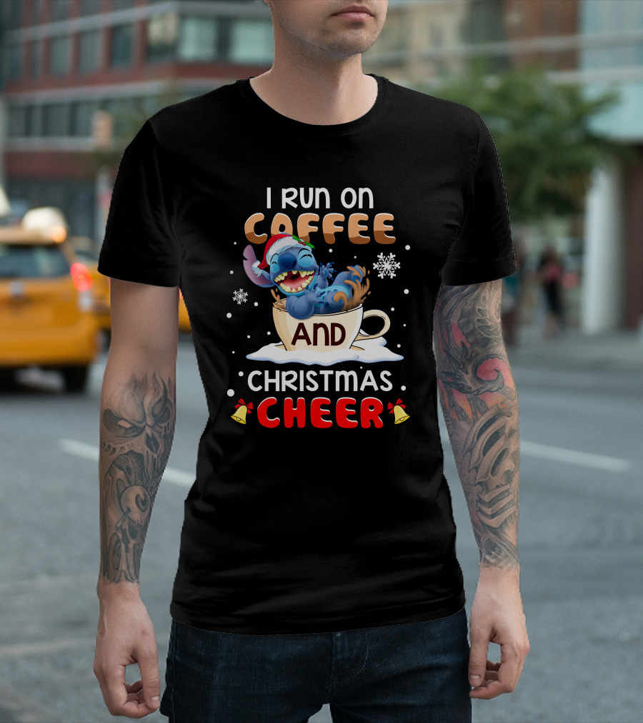I Run On Coffee And Christmas Cheer Stitch Santa Hat Snowflakes Holiday T-Shirt