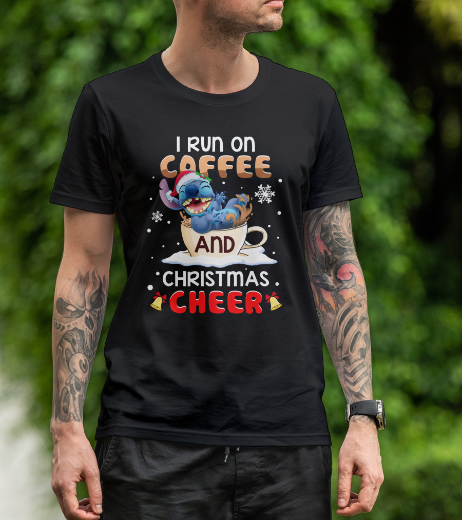 I Run On Coffee And Christmas Cheer Stitch Santa Hat Snowflakes Holiday T-Shirt