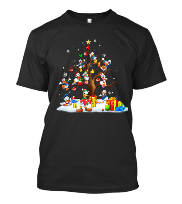 Donald Daisy Christmas Tree With Disney Characters And Snowflakes T-Shirt