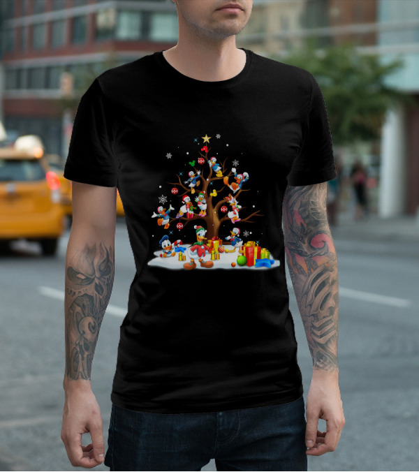 Donald Daisy Christmas Tree With Disney Characters And Snowflakes T-Shirt
