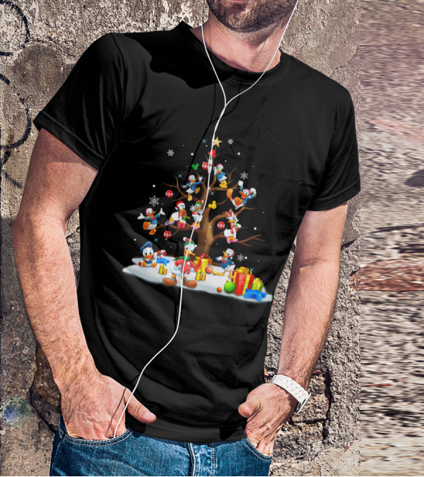 Donald Daisy Christmas Tree With Disney Characters And Snowflakes T-Shirt