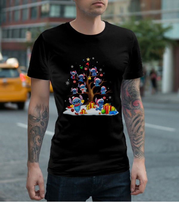 Stitch Christmas Tree With Santa Hats And Gifts T-Shirt