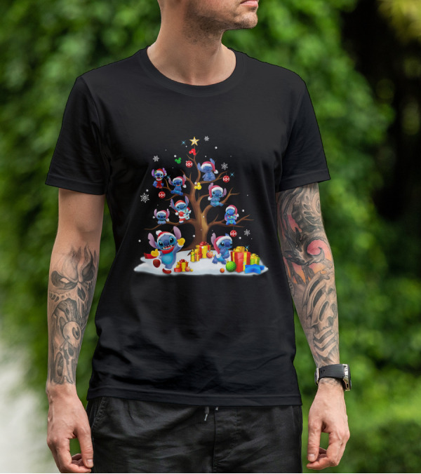 Stitch Christmas Tree With Santa Hats And Gifts T-Shirt