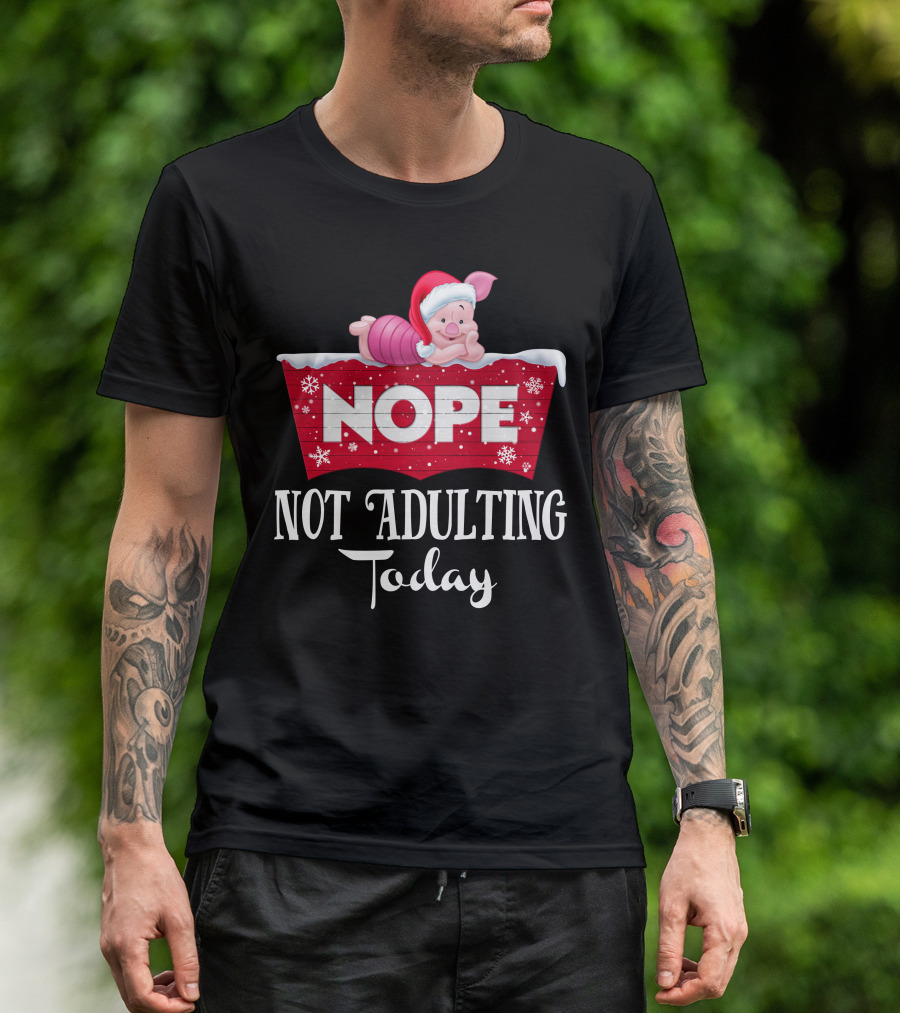 Nope Not Adulting Today Piglet Christmas Santa Hat Snowflakes T-Shirt