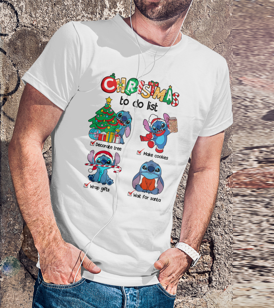 Christmas To Do List Decorate Tree Make Cookies Wrap Gifts Wait For Santa Stitch T-Shirt