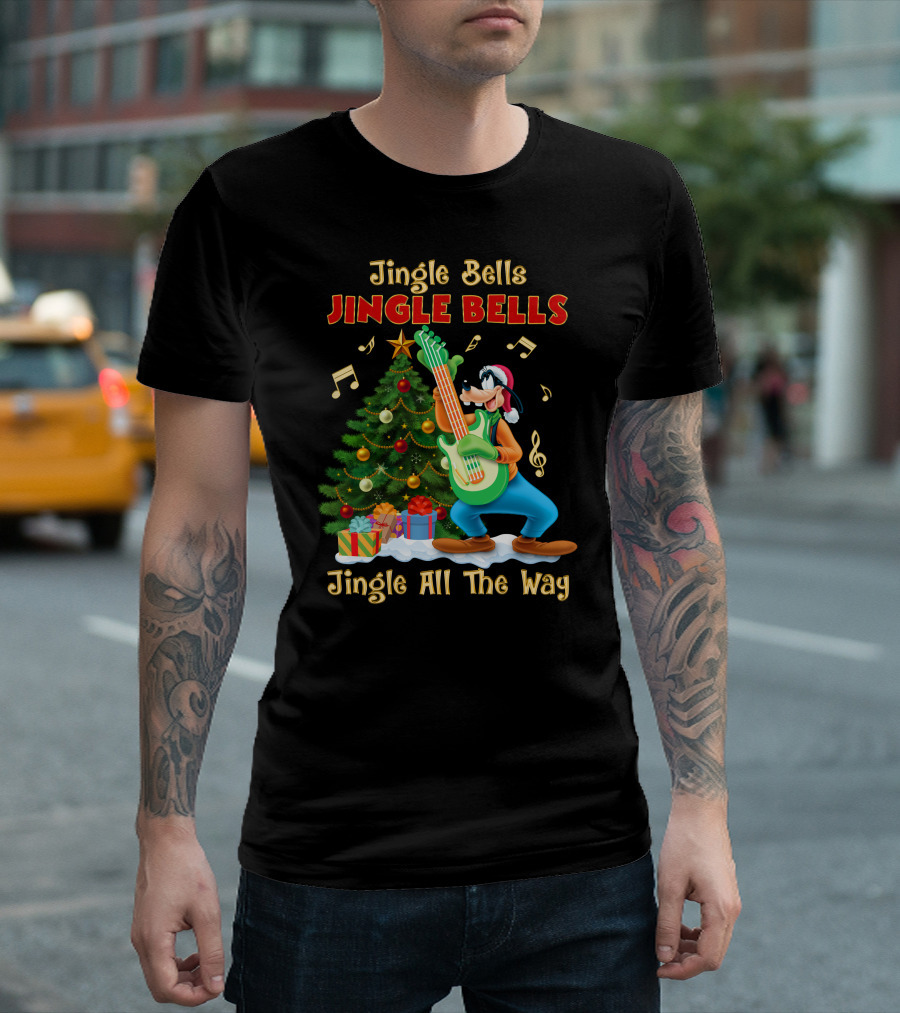 Jingle Bells Jingle Bells Jingle All The Way Goofy Christmas Tree Guitar T-Shirt