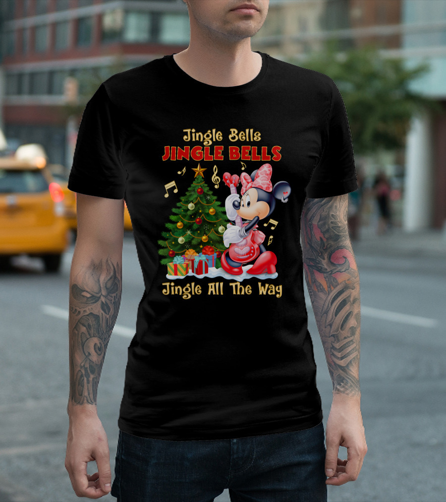 Jingle Bells Jingle Bells Jingle All The Way Minnie Christmas Tree Guitar T-Shirt